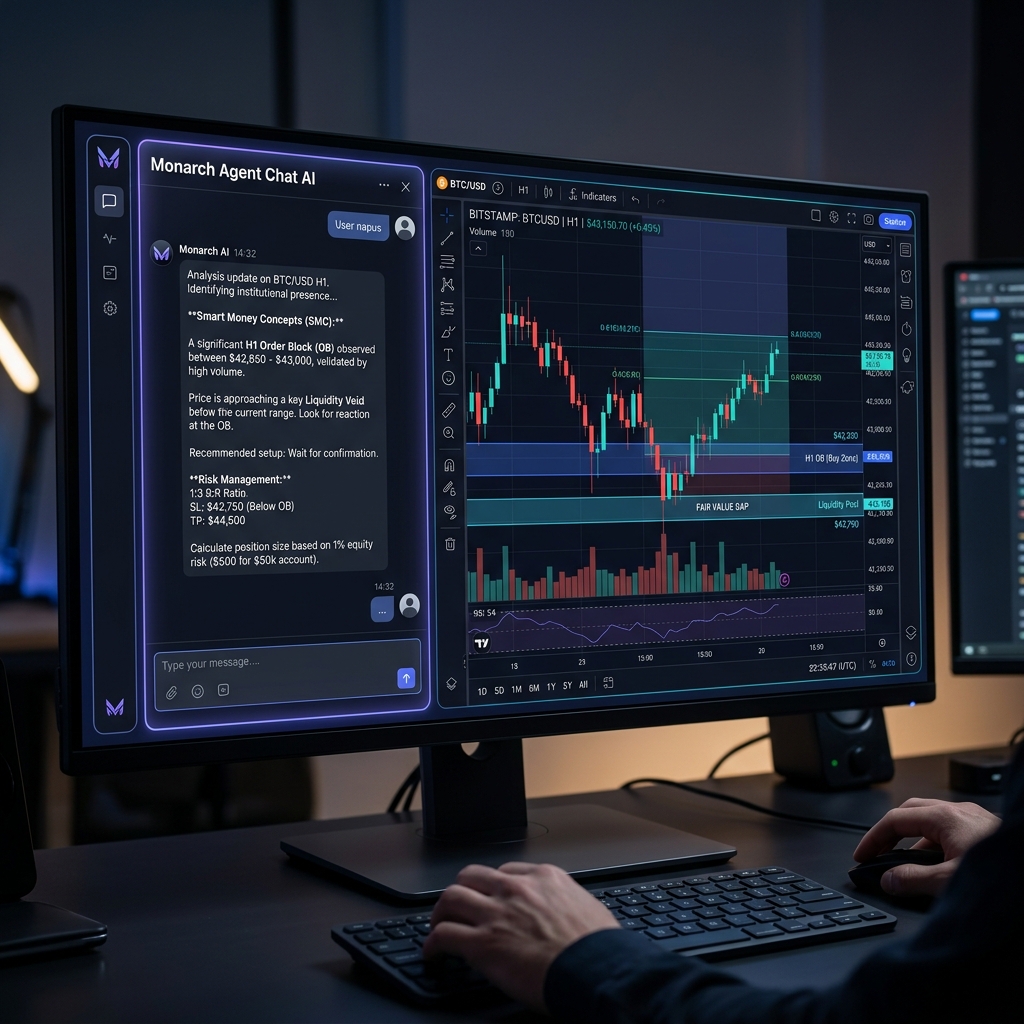 Monarch Agent Chat UI Workspace Mockup — Chat conversacional y gráfica TradingView